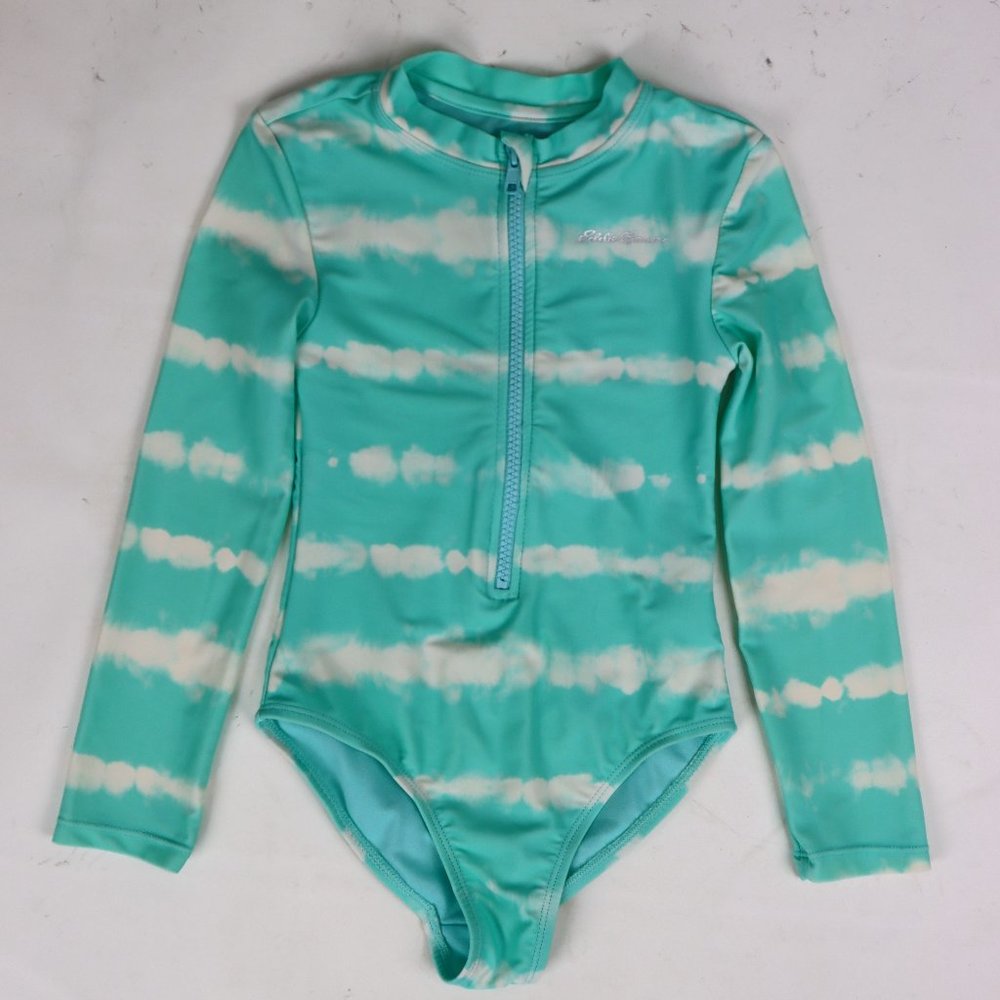🩰 Eddie Bauer NWOT Girl Tie Dye Seafoam White One Piece Swimsuit w Zipper